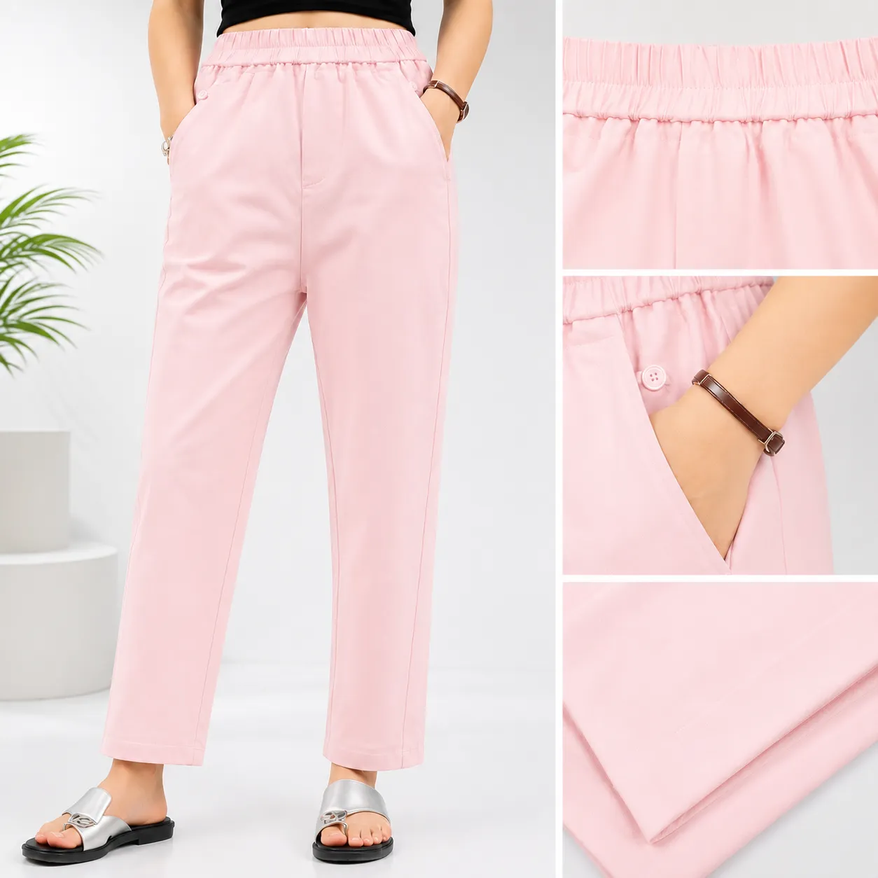Elegant Burgundy Elastic Waist Tapered Trousers - Image 4