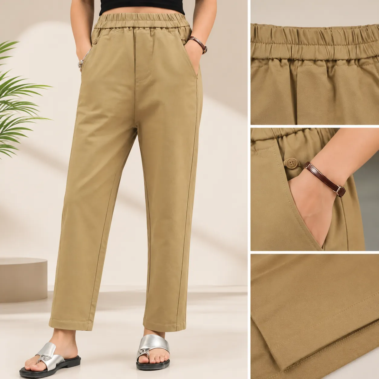 Elegant Burgundy Elastic Waist Tapered Trousers - Image 5