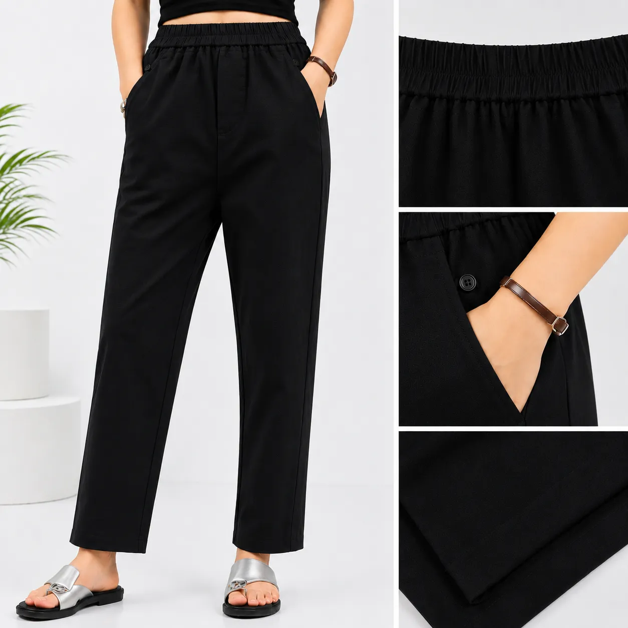 Elegant Burgundy Elastic Waist Tapered Trousers - Image 3
