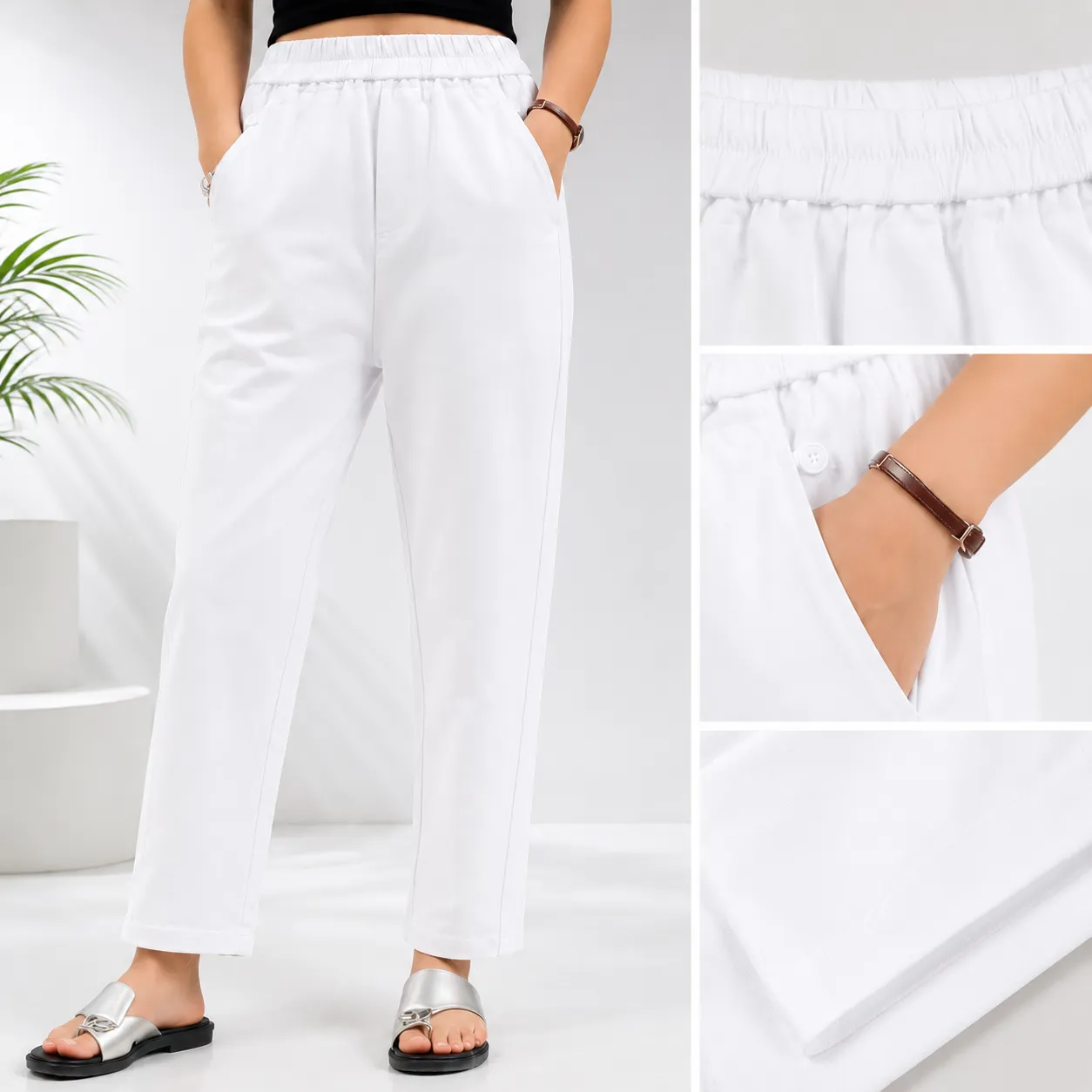 Elegant Burgundy Elastic Waist Tapered Trousers - Image 2