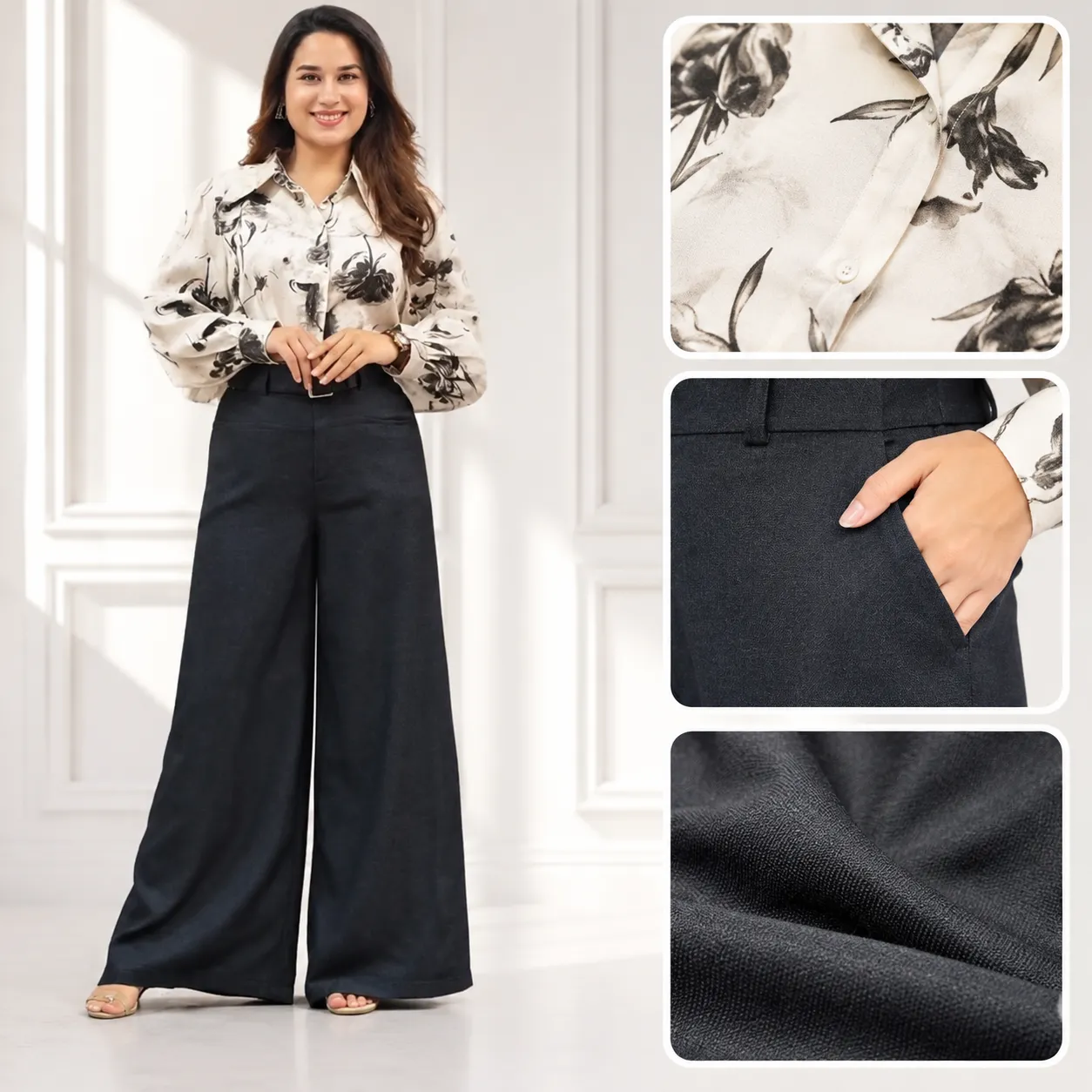 Sophisticated Abstract Print Shirt and Black Wide-Leg Trousers Set - Image 3