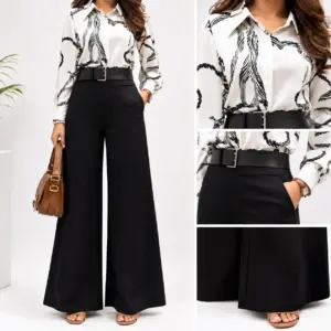Sophisticated Abstract Print Shirt and Black Wide-Leg Trousers Set