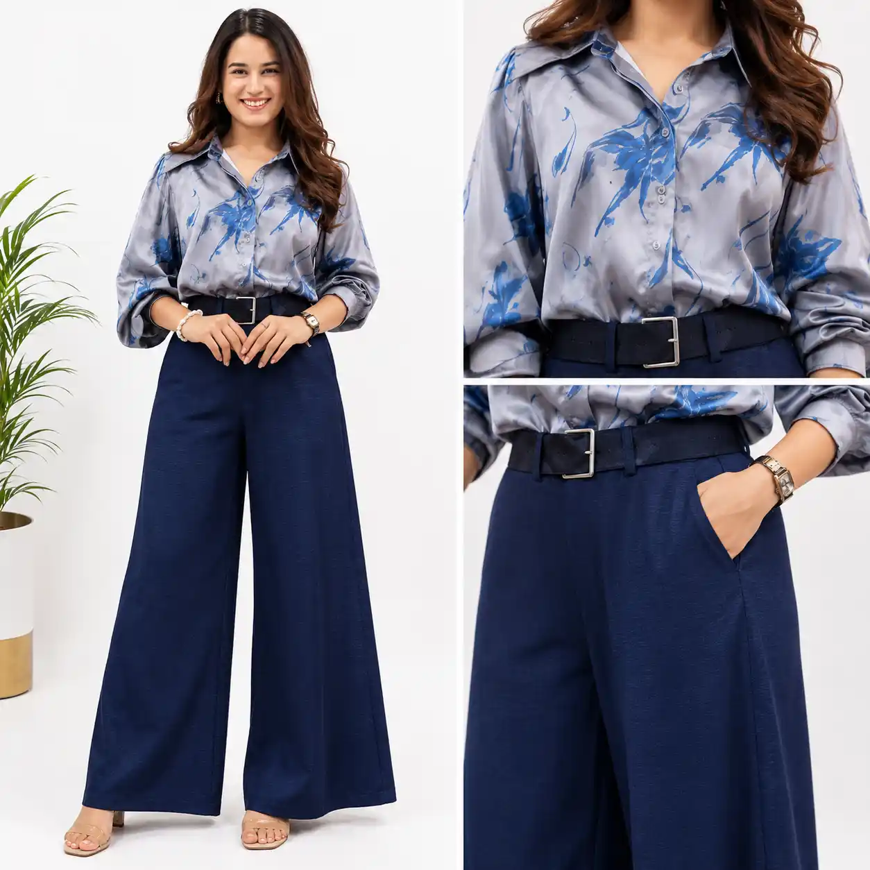 Sophisticated Abstract Print Shirt and Black Wide-Leg Trousers Set - Image 4