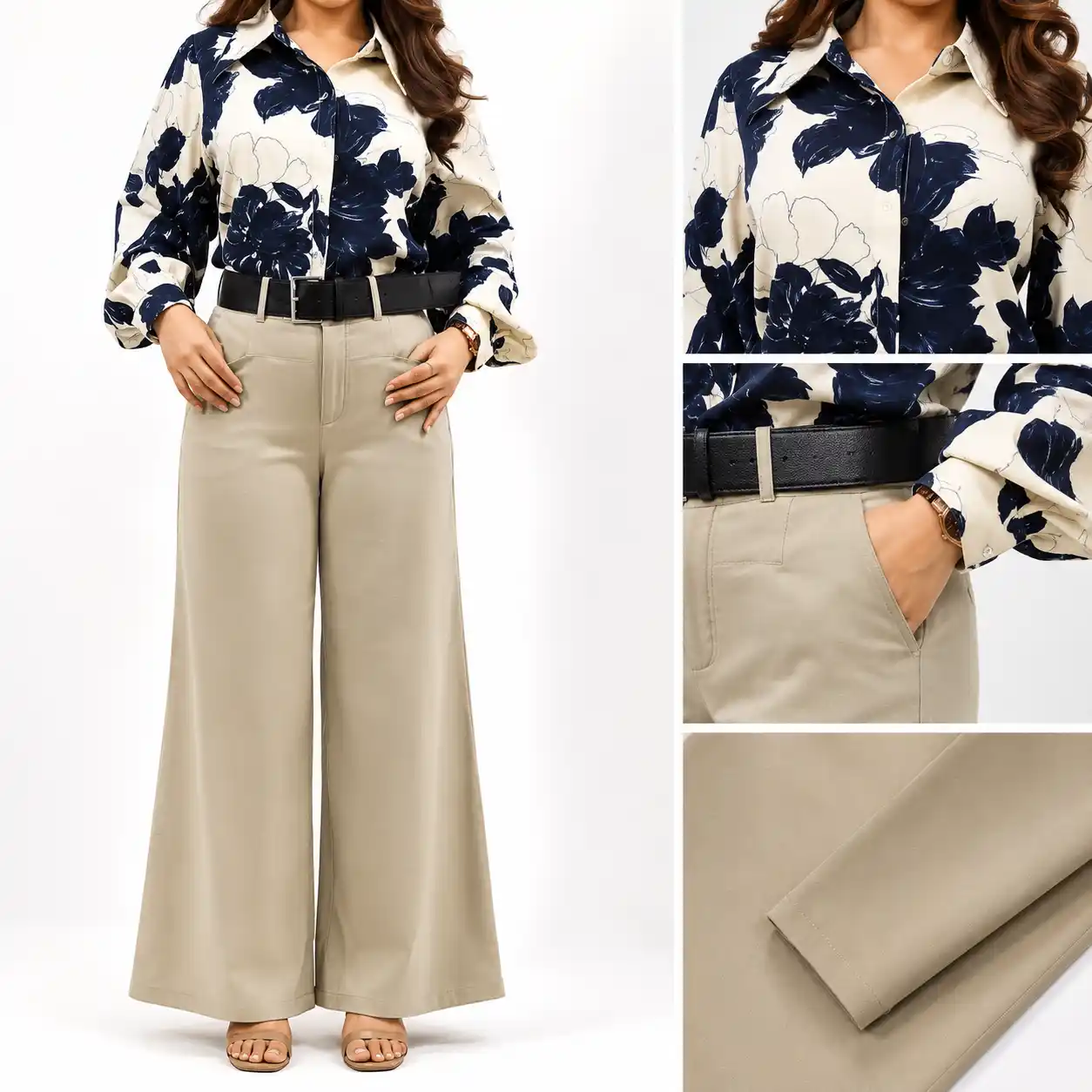 Sophisticated Abstract Print Shirt and Black Wide-Leg Trousers Set - Image 2