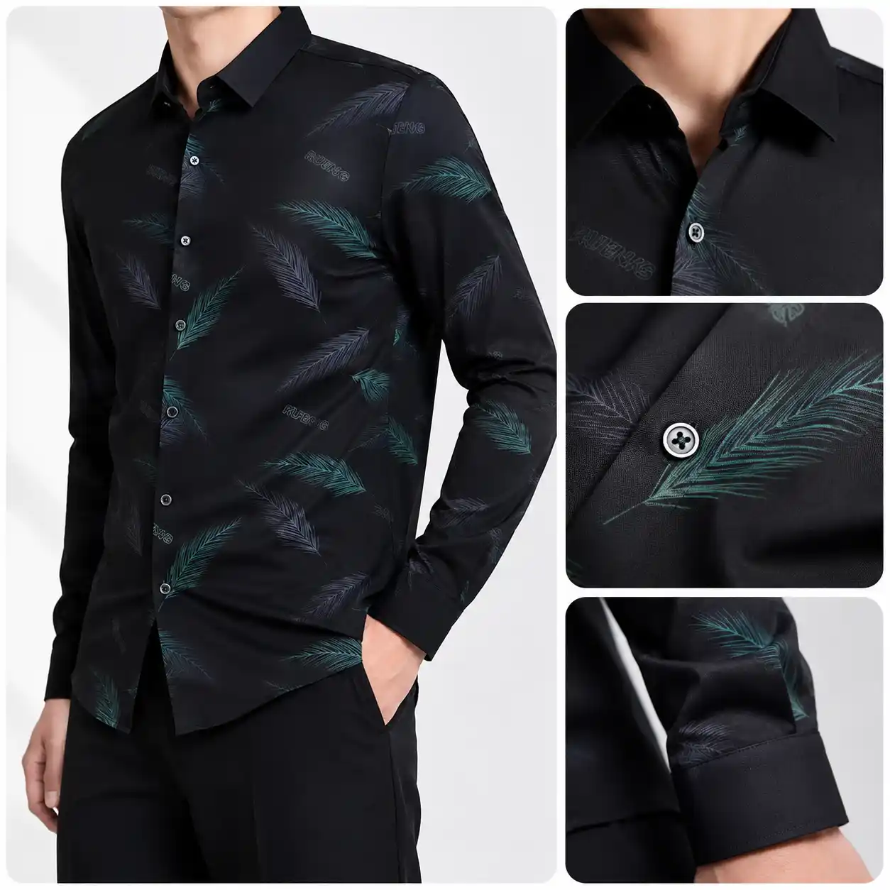 Sophisticated Navy Blue Feather Print Button-Down Shirt - Image 2