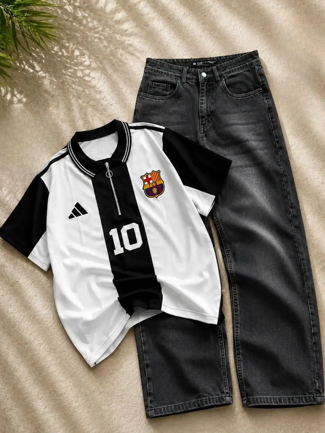 Classic Navy Adidas Zip Polo & Wide-Leg Denim Set - Image 2