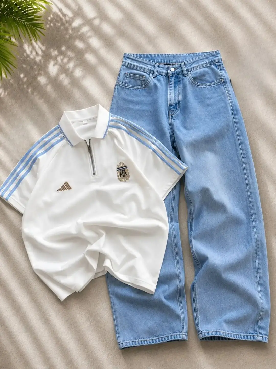 Classic Navy Adidas Zip Polo & Wide-Leg Denim Set - Image 3