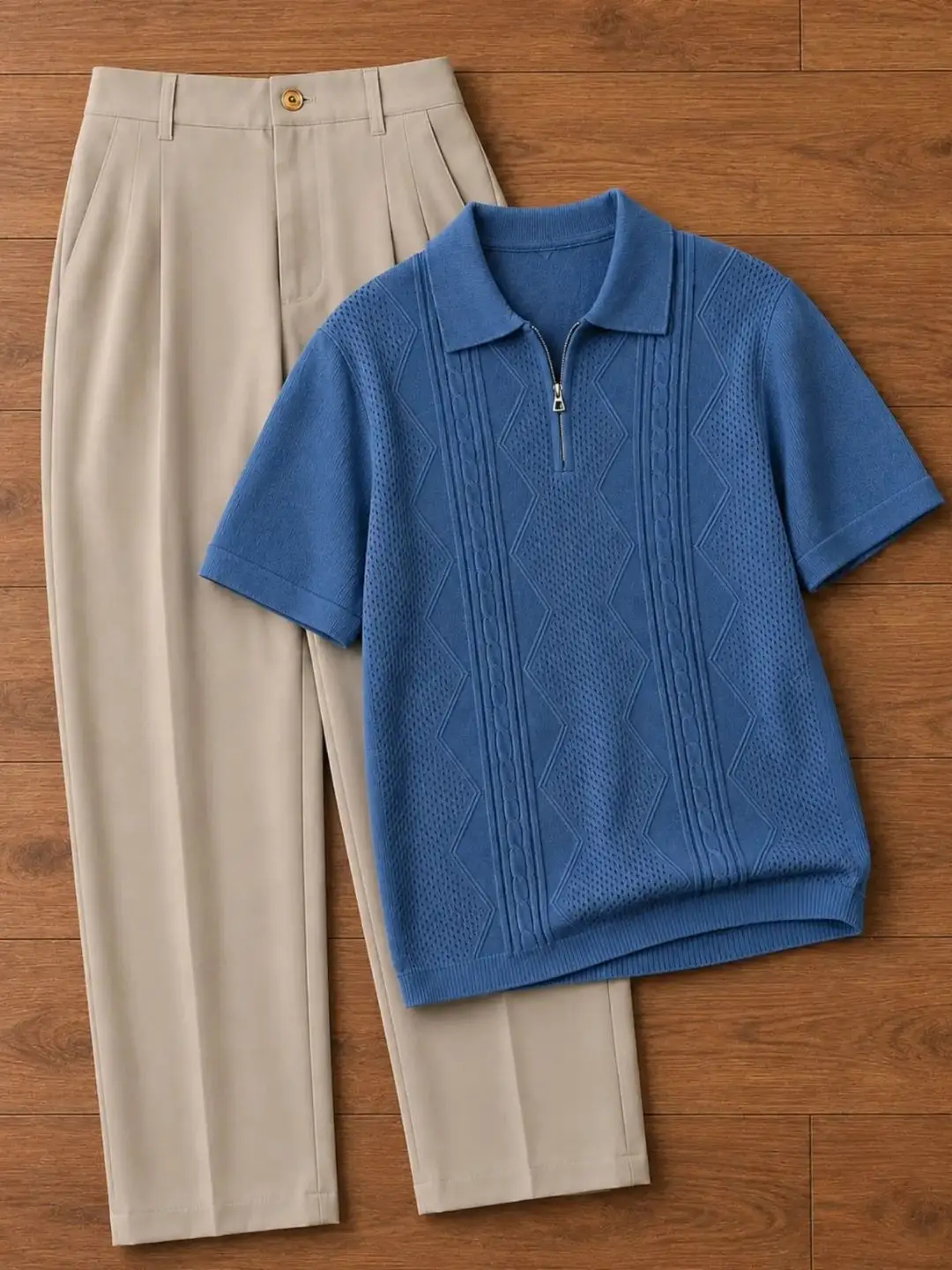 Elegant Navy & Cream Zip Polo with Tailored Trousers Set - Image 3