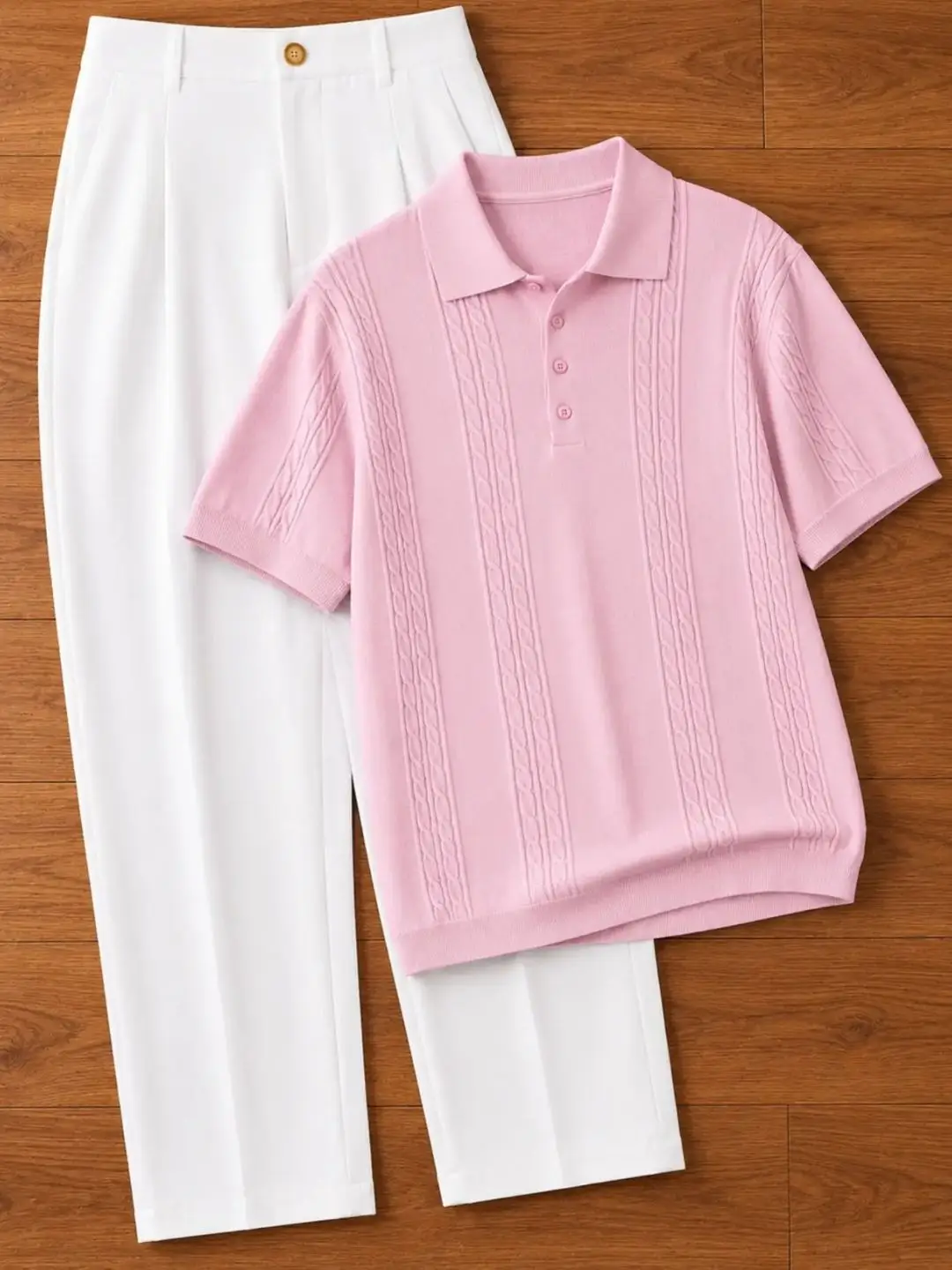 Elegant Navy & Cream Zip Polo with Tailored Trousers Set - Image 4