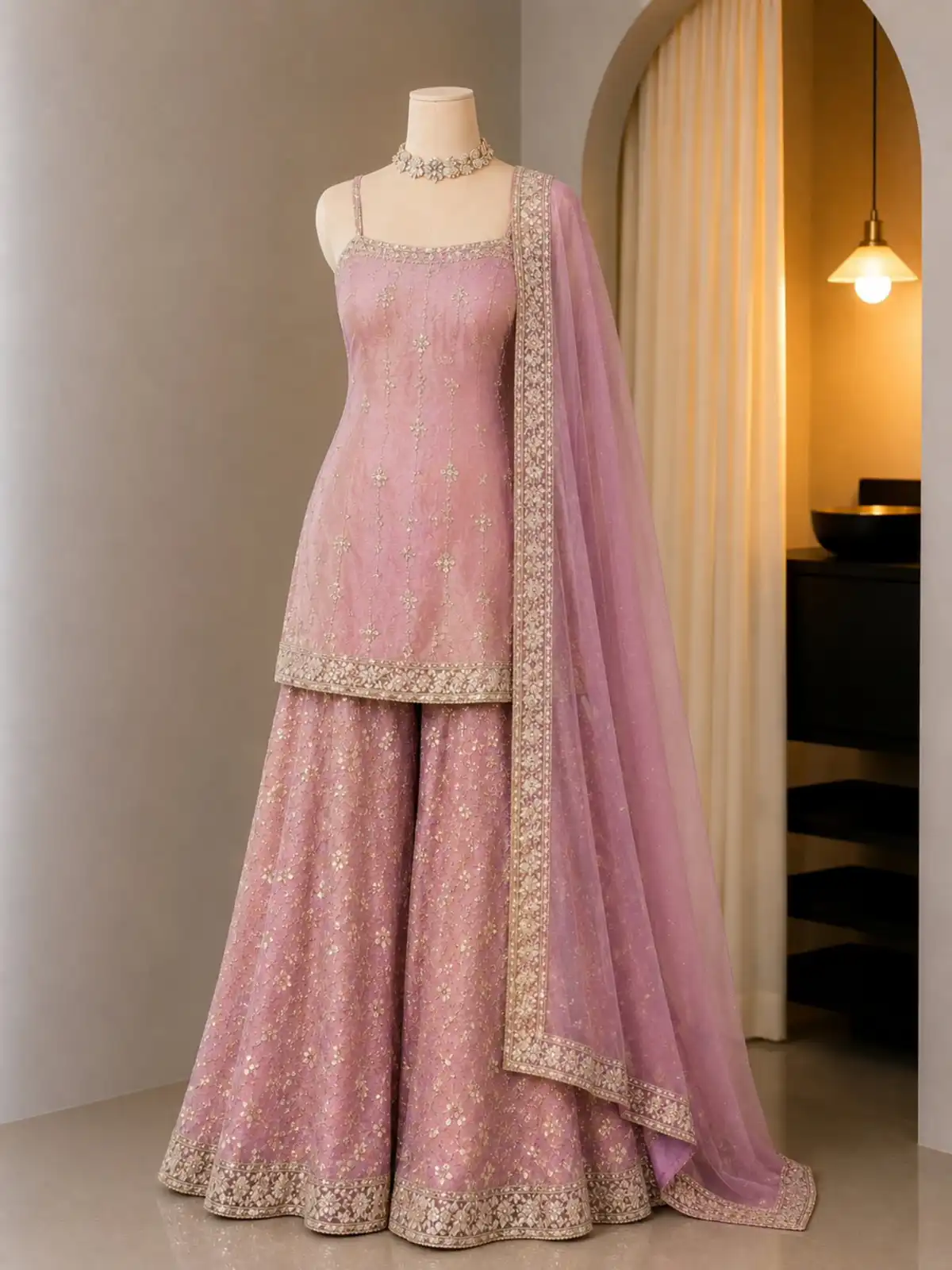 Regal Teal Embroidered Sharara & Dupatta Set - Image 4