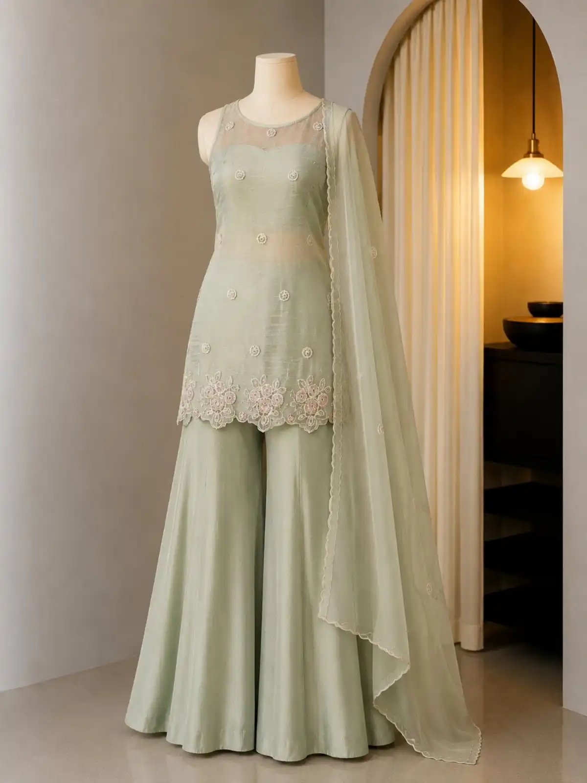 Regal Teal Embroidered Sharara & Dupatta Set - Image 5