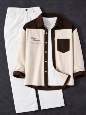Vintage Vibe Two-Tone Corduroy Shirt & White Denim Set