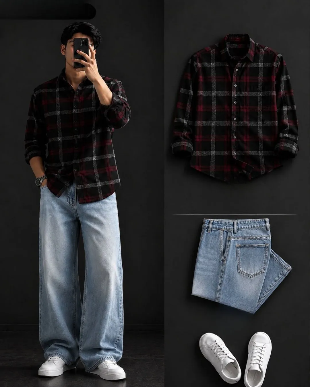 Ultimate Grunge Oversized Checkered Shirt & Grey Denim - Image 3
