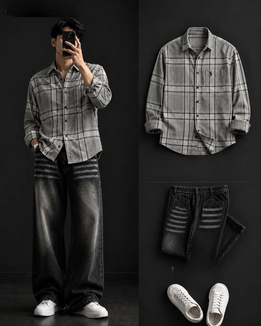 Ultimate Grunge Oversized Checkered Shirt & Grey Denim - Image 4