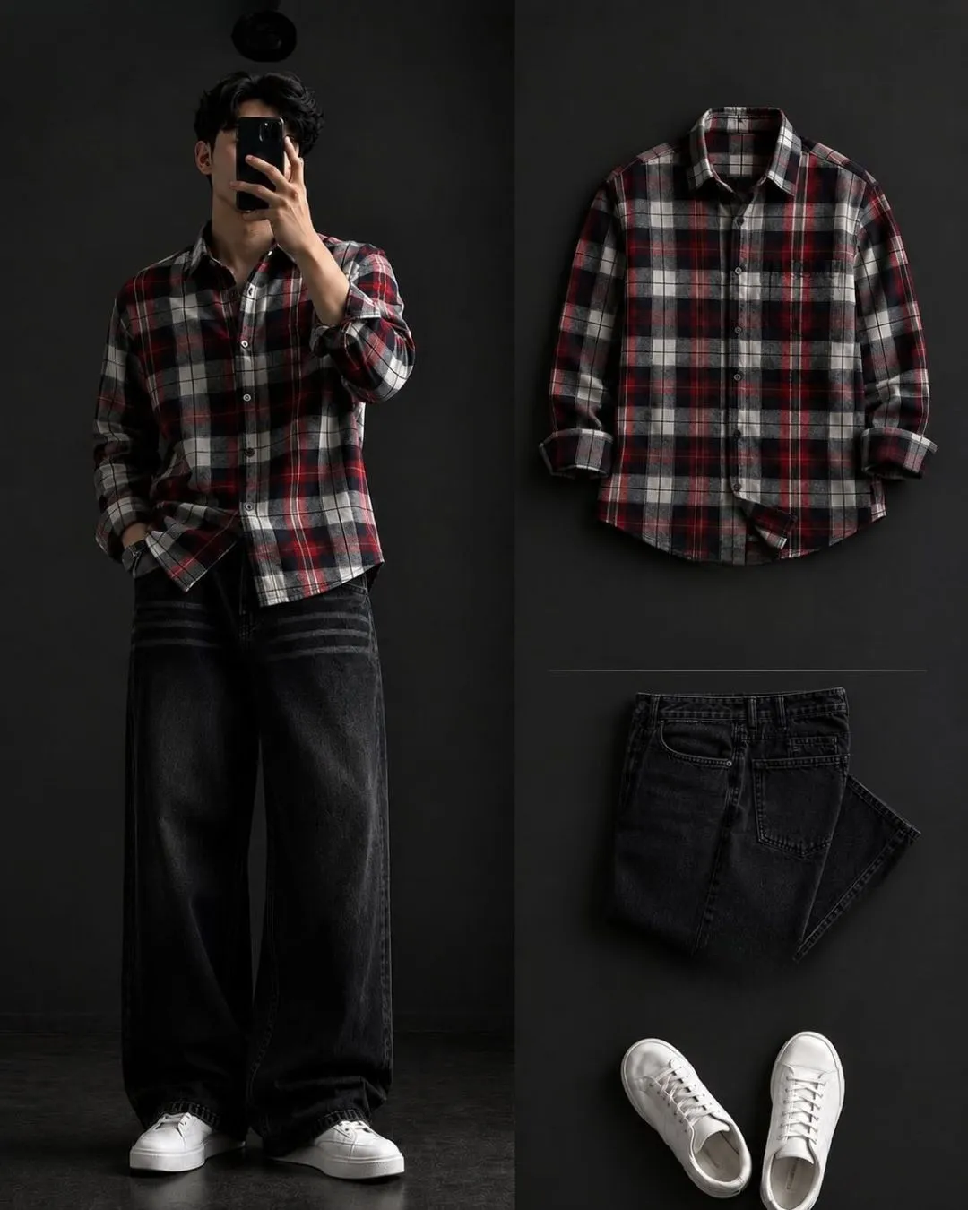 Ultimate Grunge Oversized Checkered Shirt & Grey Denim - Image 2