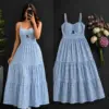 Summer Breeze Light Blue Gingham Tiered Maxi Dress