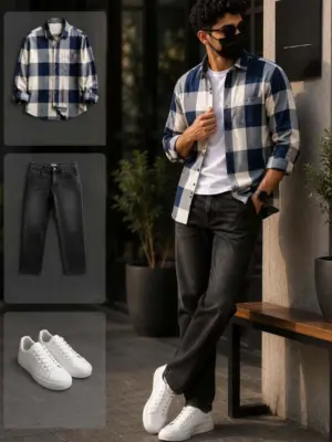 Essential Navy Blue Checkered Shirt & Charcoal Denim Jeans Set
