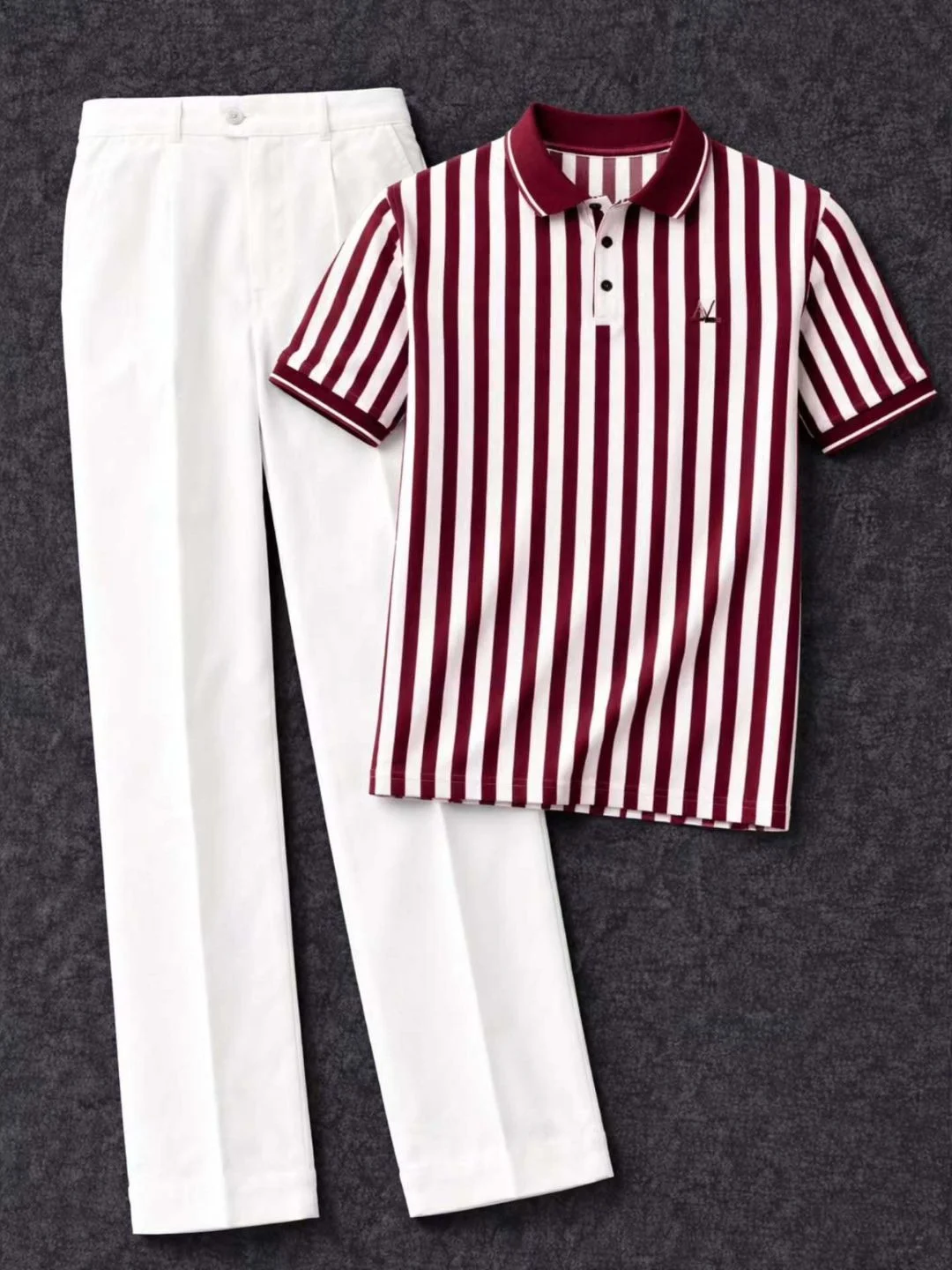 Retro Preppy Green Striped Polo and Tailored Black Trousers Ensemble - Image 3