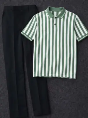Retro Preppy Green Striped Polo and Tailored Black Trousers Ensemble