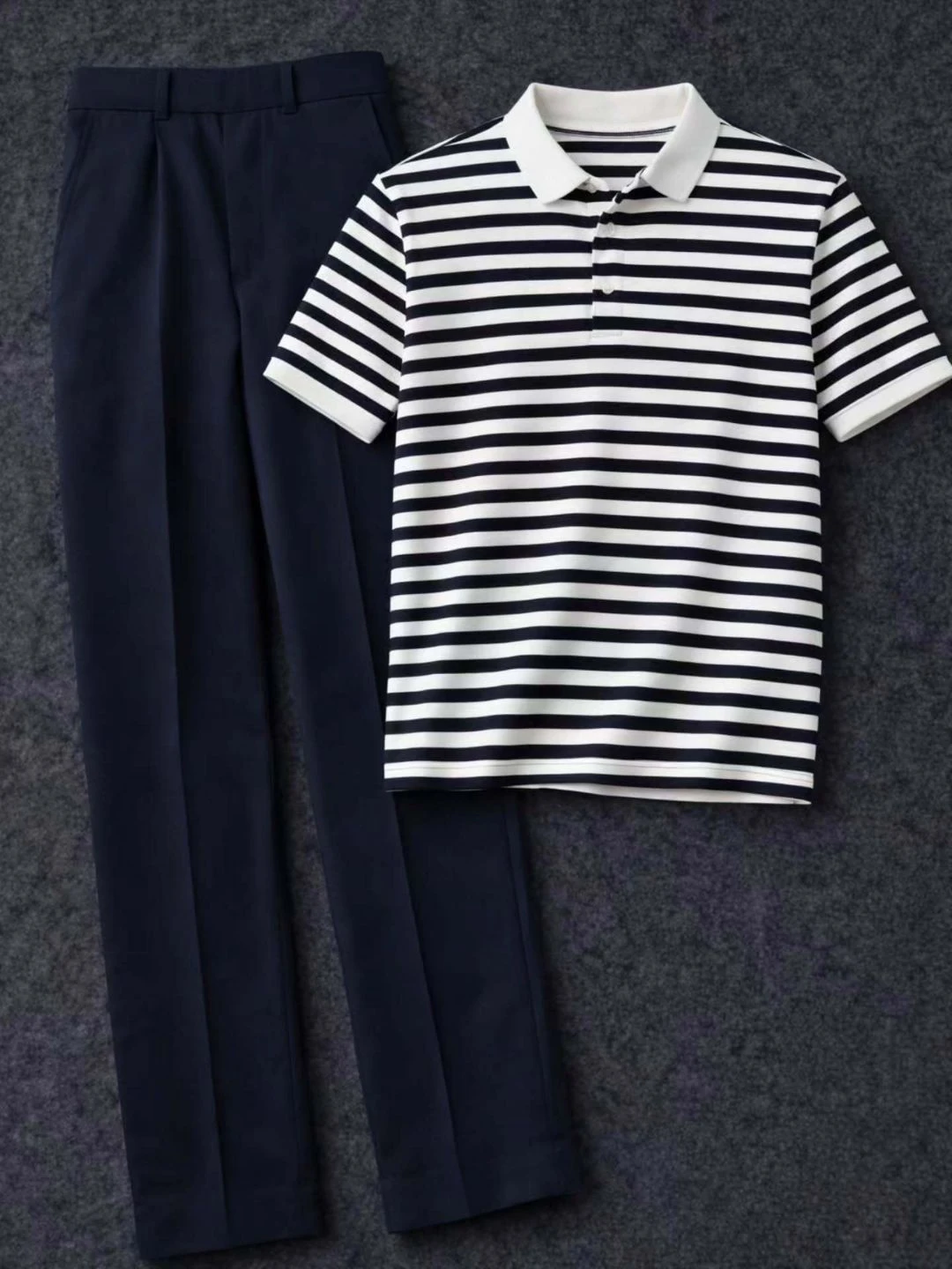 Retro Preppy Green Striped Polo and Tailored Black Trousers Ensemble - Image 2