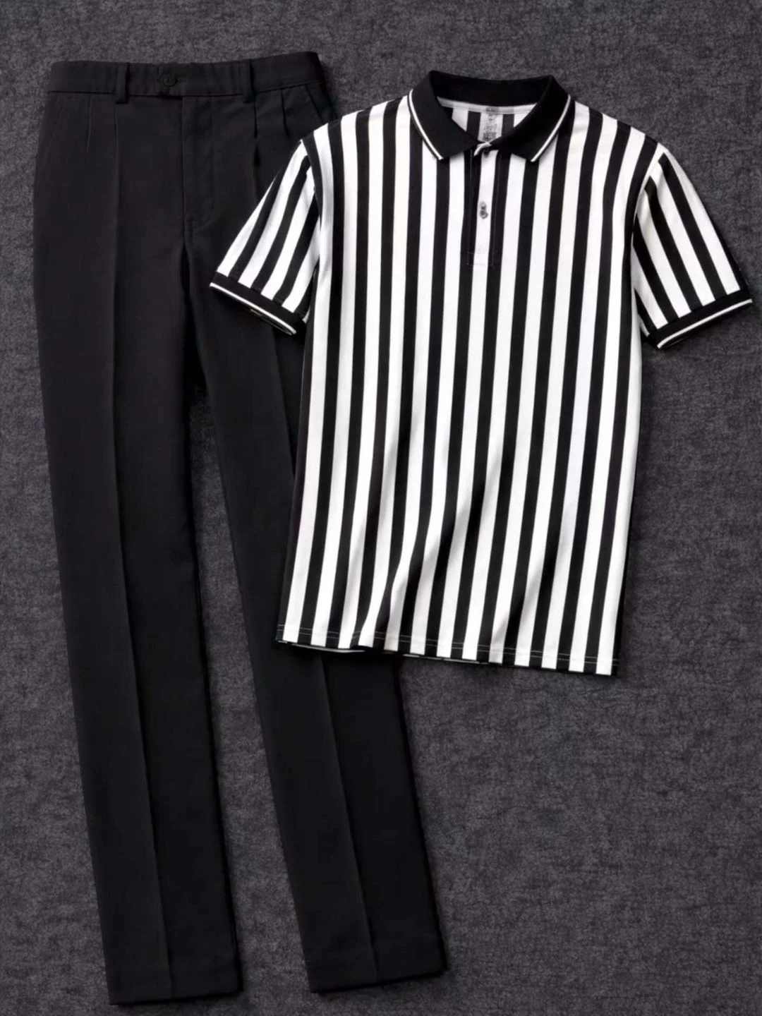 Retro Preppy Green Striped Polo and Tailored Black Trousers Ensemble - Image 5