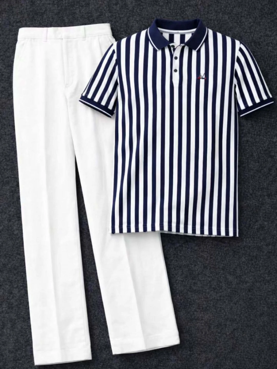 Retro Preppy Green Striped Polo and Tailored Black Trousers Ensemble - Image 4