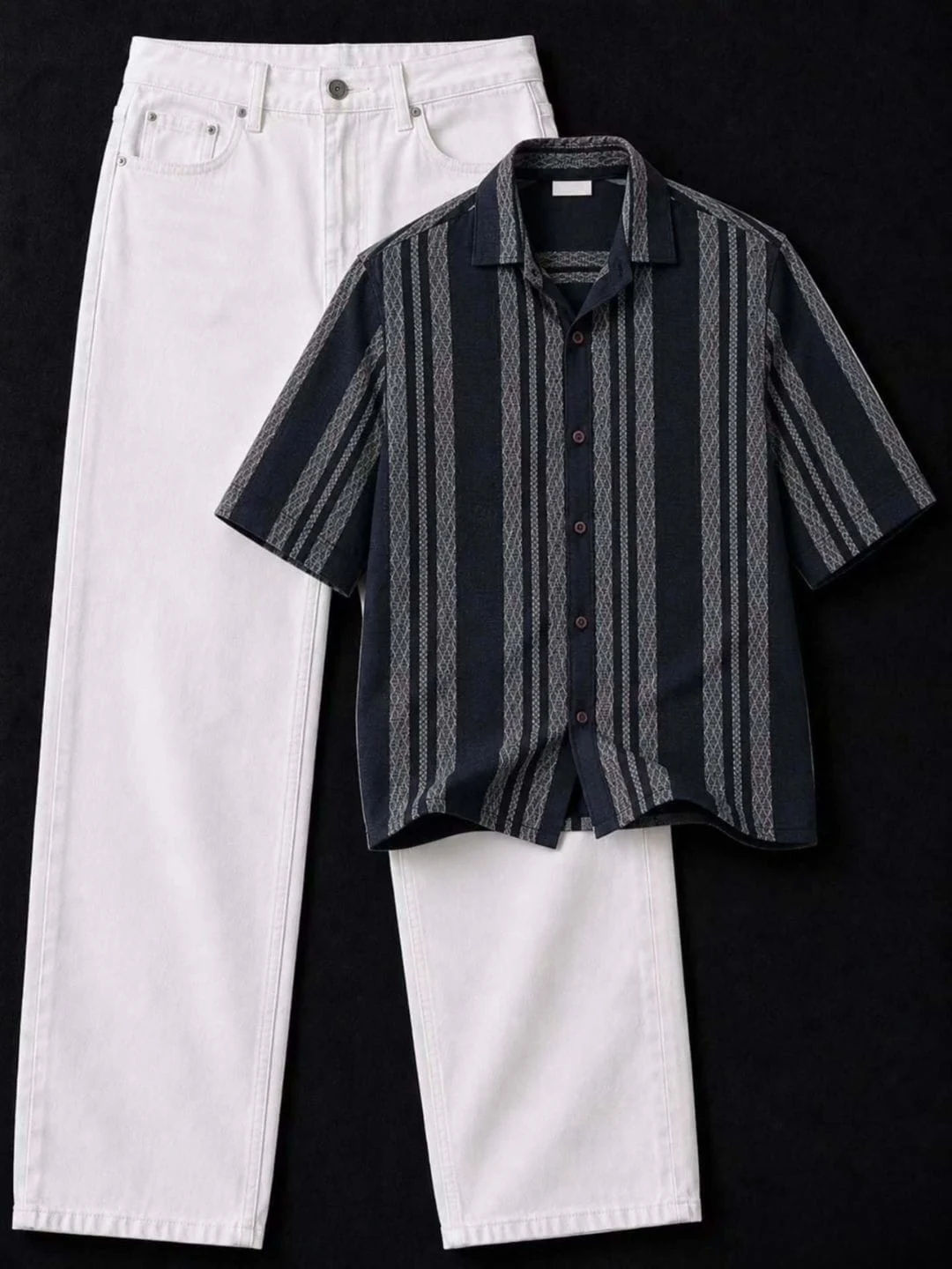 Striking Black Striped Short-Sleeve Shirt & White Denim Combo - Image 3