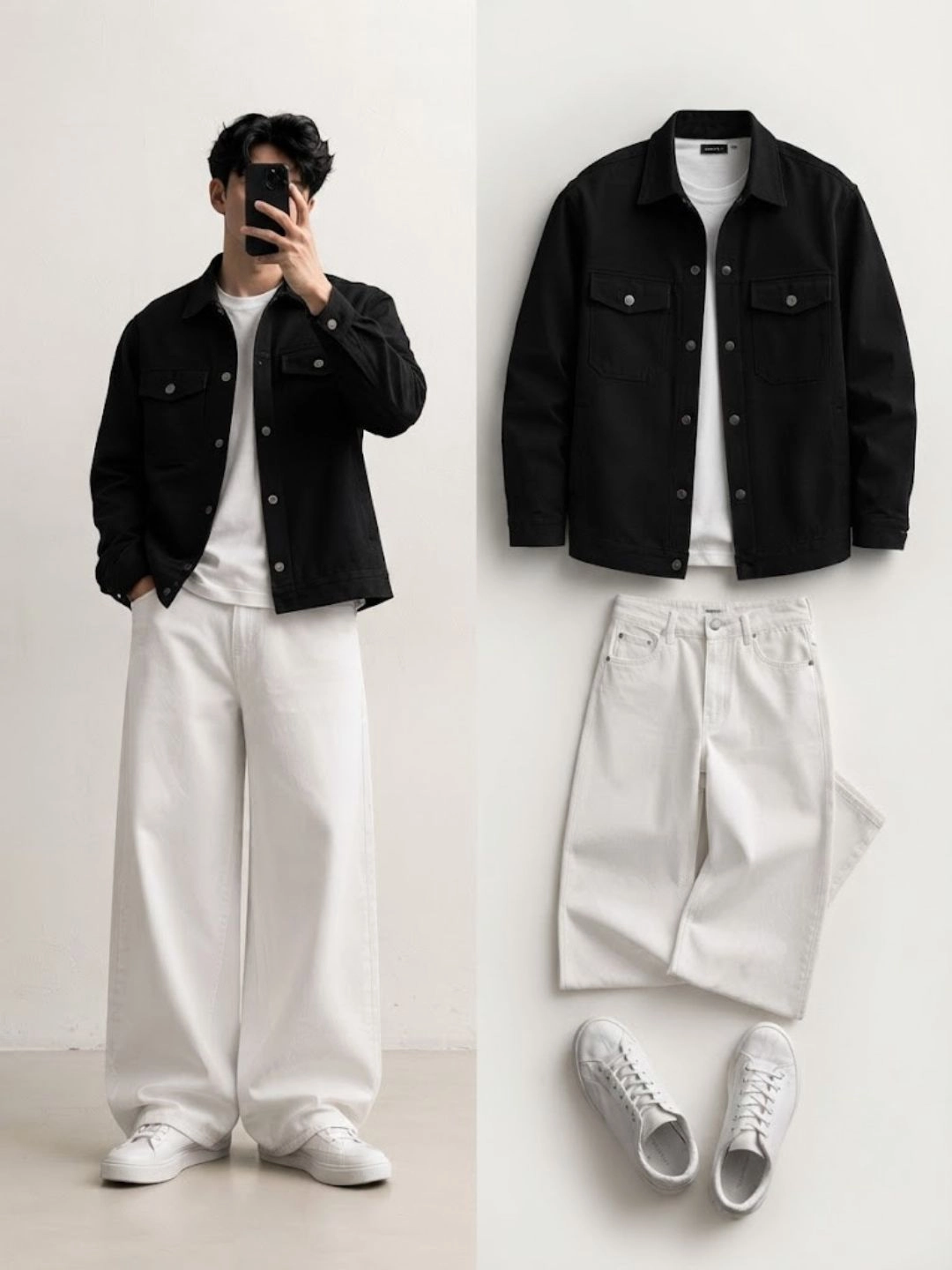 Monochrome Plaid Sherpa Jacket & Wide-Leg Black Denim Combo - Image 3