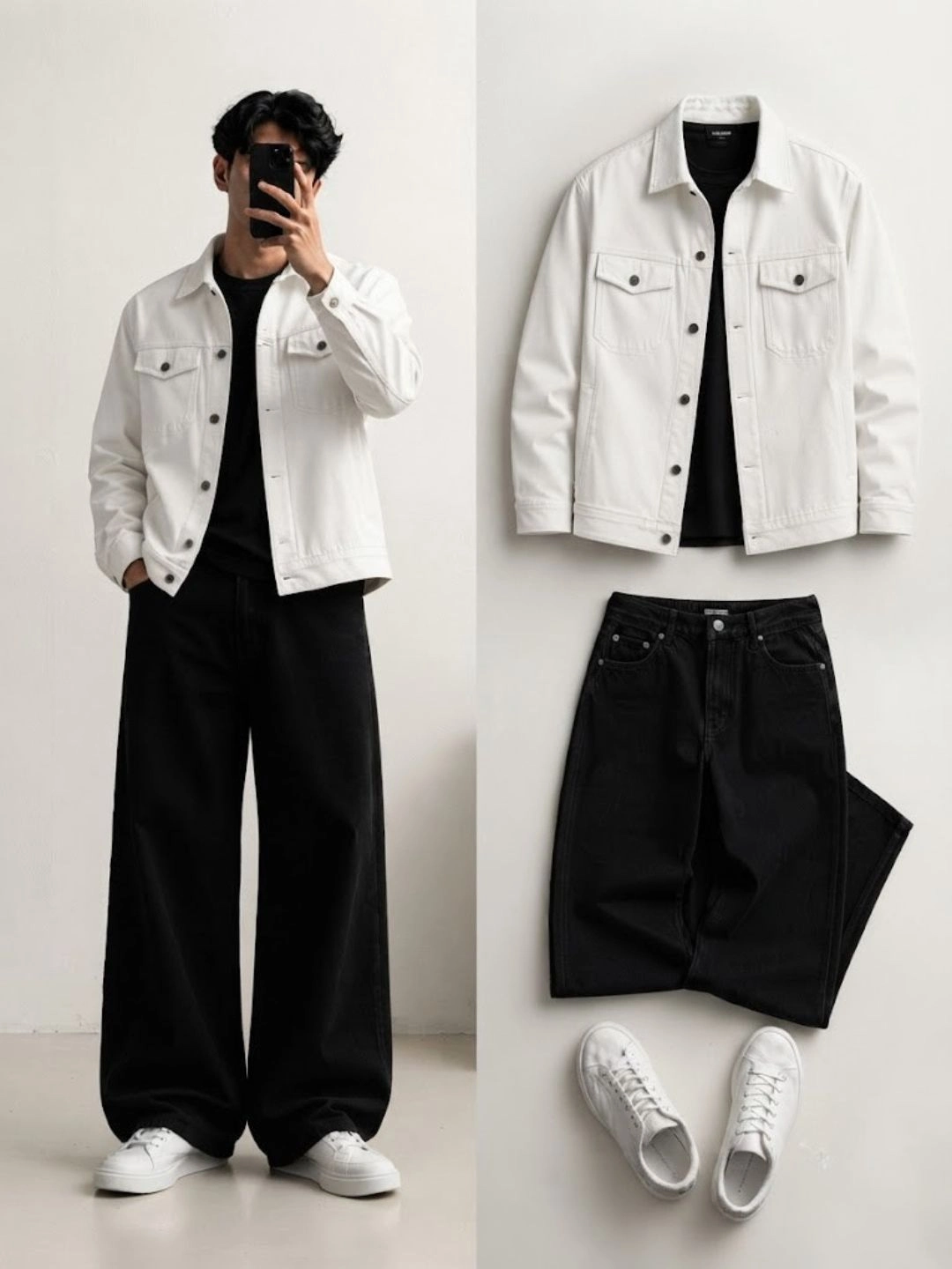 Monochrome Plaid Sherpa Jacket & Wide-Leg Black Denim Combo - Image 6