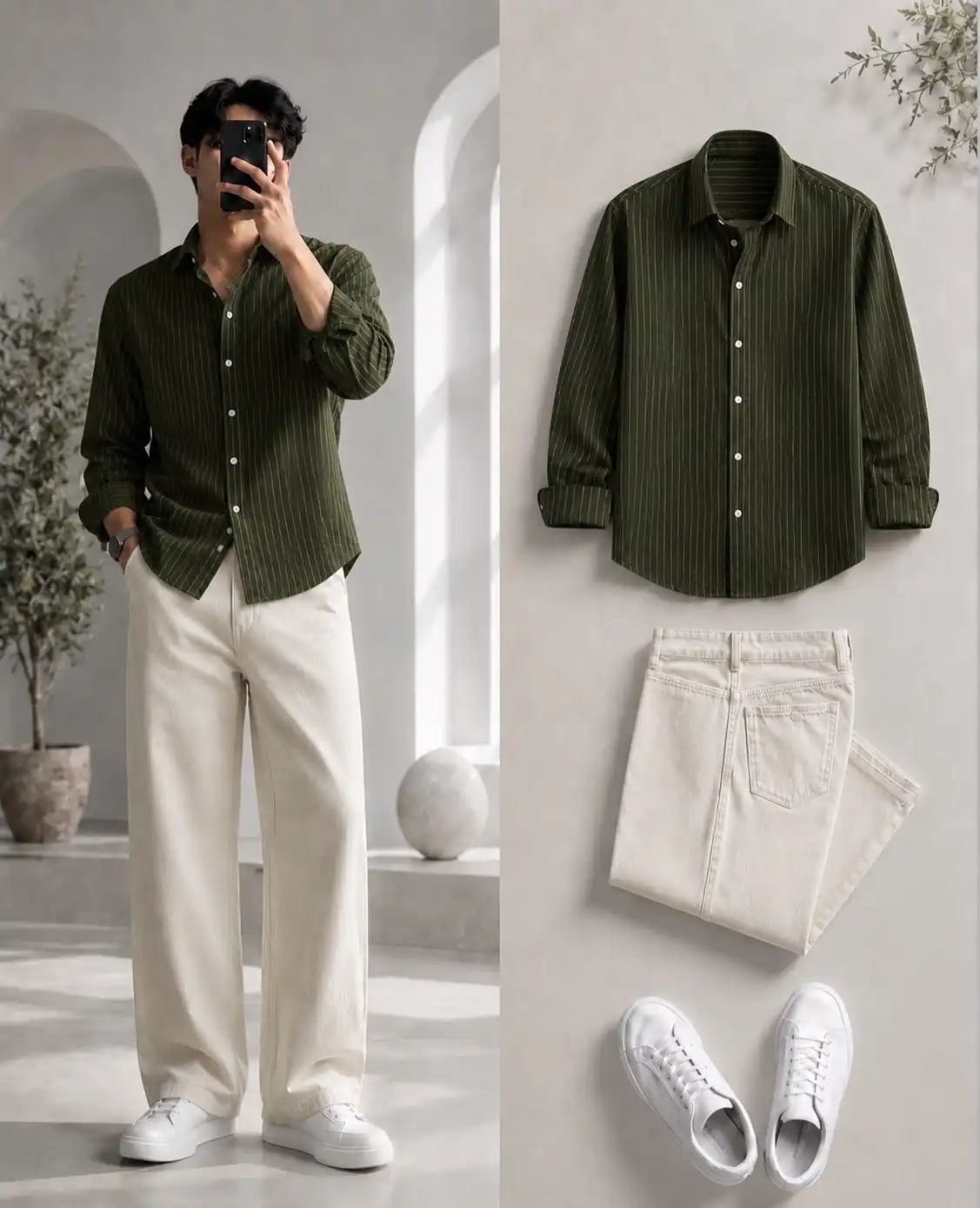 Earthy Tones Olive Green Plaid Shirt & Relaxed Black Denim - Image 2