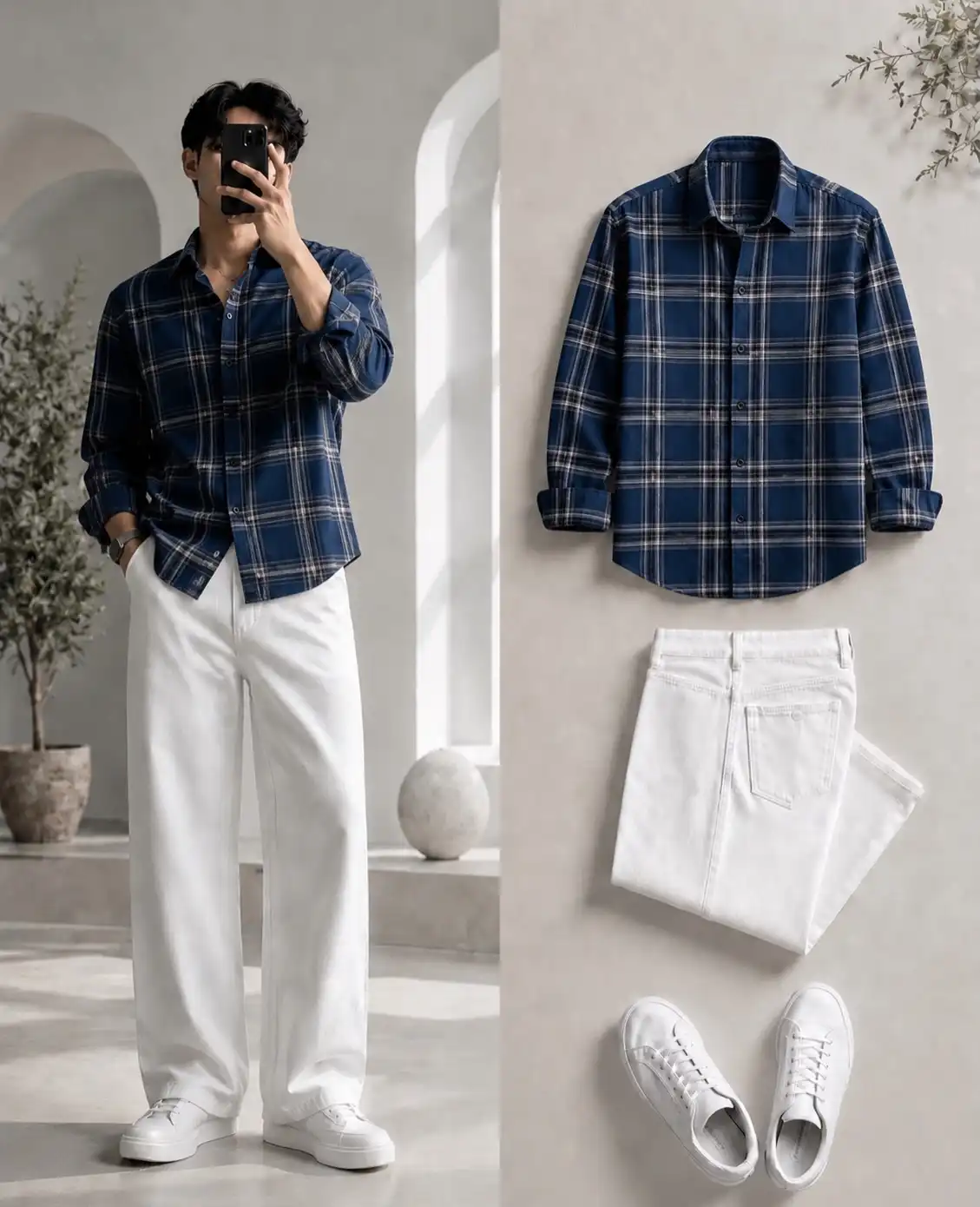 Earthy Tones Olive Green Plaid Shirt & Relaxed Black Denim - Image 5