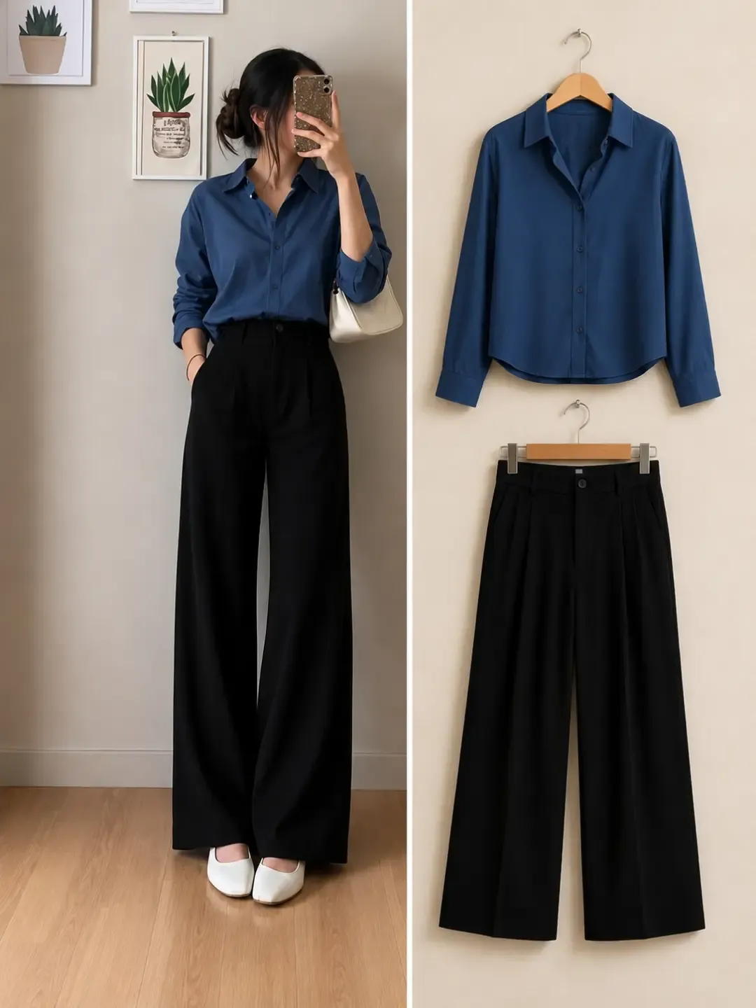 Chic Neutral Tones Beige Button-Down & Espresso Wide-Leg Trousers - Image 2