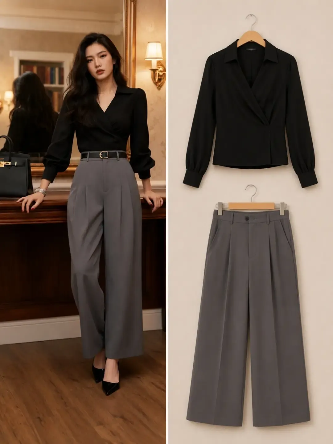 Chic Neutral Tones Beige Button-Down & Espresso Wide-Leg Trousers - Image 3