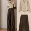 Chic Neutral Tones Beige Button-Down & Espresso Wide-Leg Trousers