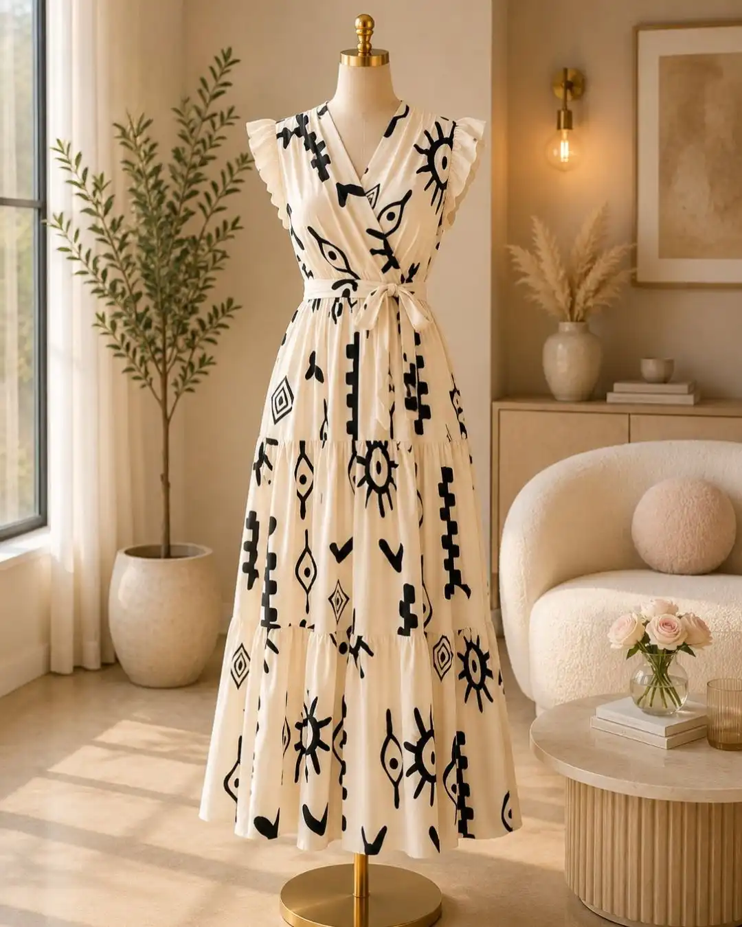 Bohemian Black & Cream Abstract Print Tiered Maxi Dress - Image 3