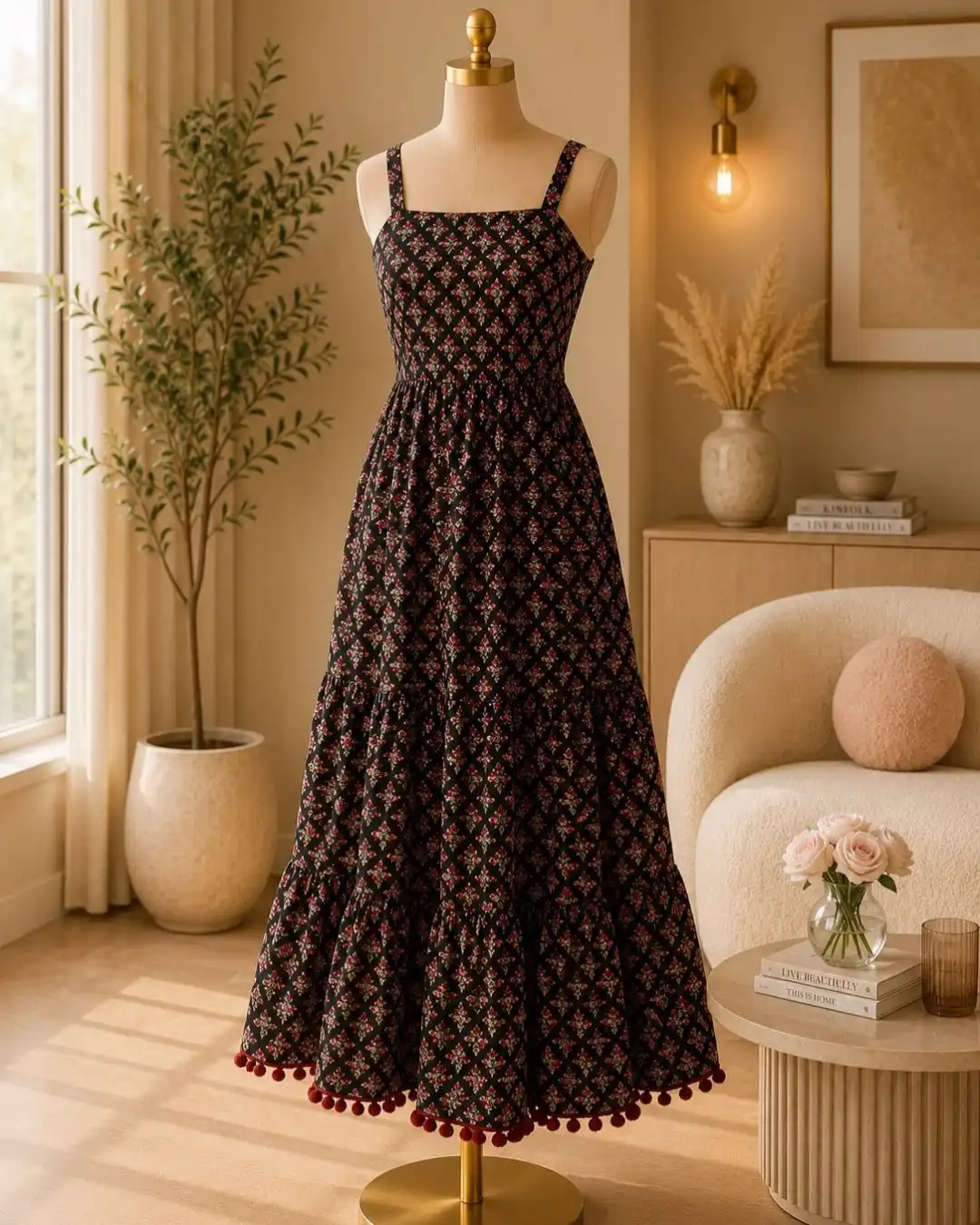 Bohemian Black & Cream Abstract Print Tiered Maxi Dress - Image 6