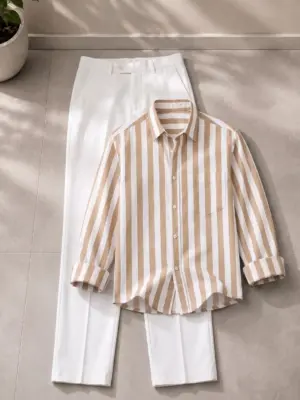 Classic Beige Striped Shirt & Tailored White Trousers Set-23