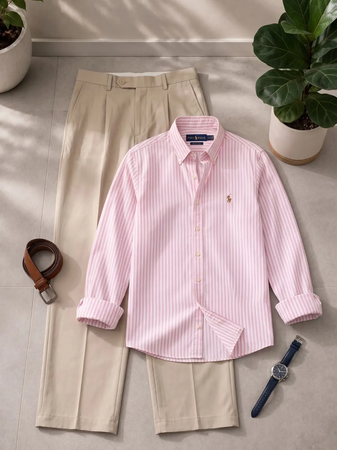 Classic Beige Striped Shirt & Tailored White Trousers Set-23 - Image 3