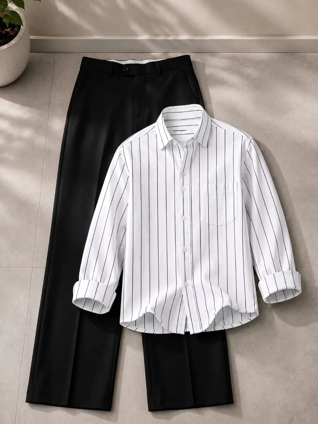 Classic Beige Striped Shirt & Tailored White Trousers Set-23 - Image 4