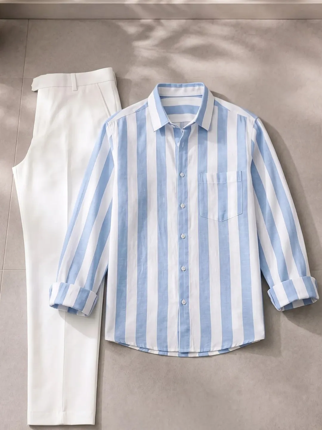Classic Beige Striped Shirt & Tailored White Trousers Set-23 - Image 2