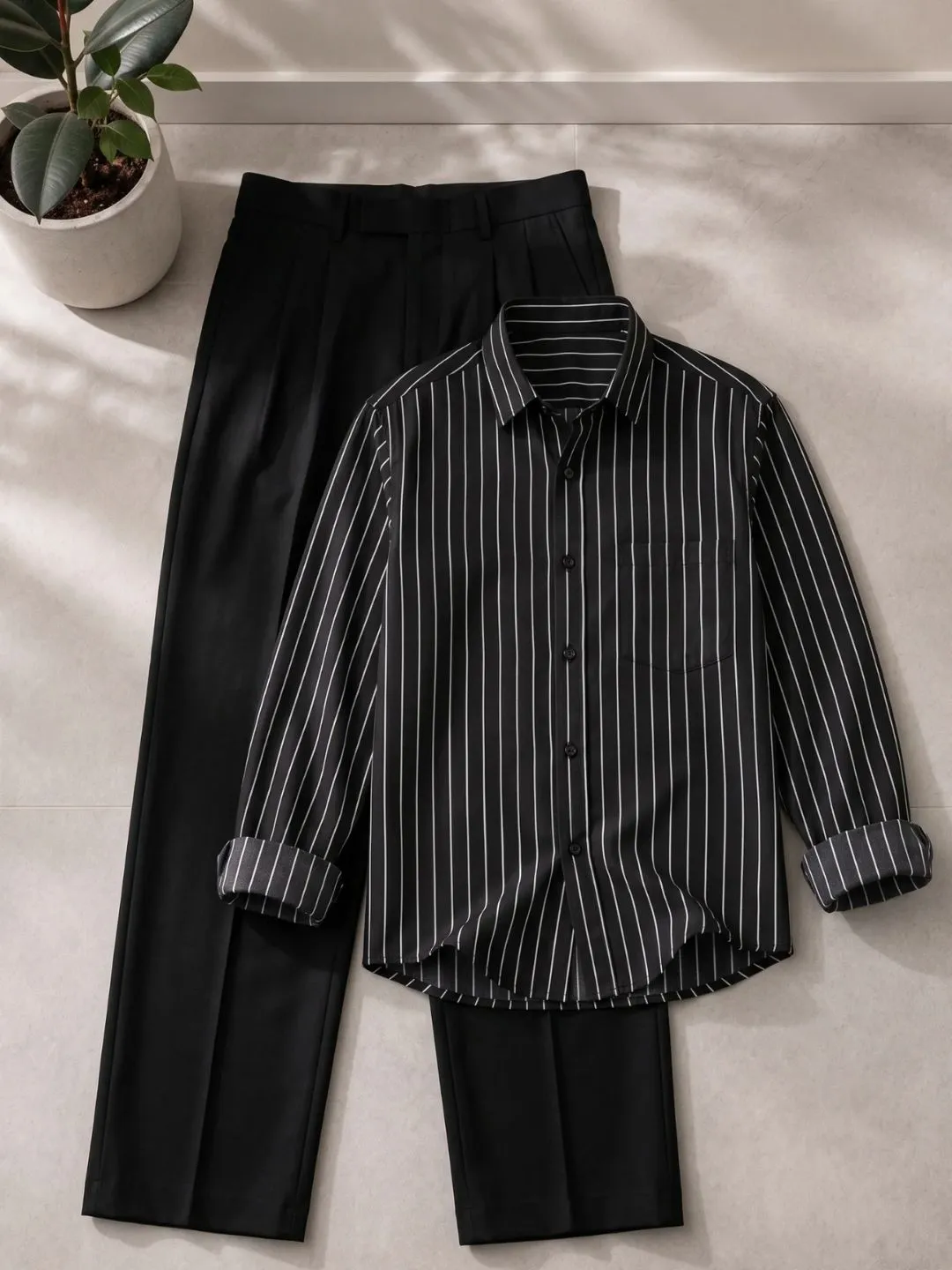 Classic Beige Striped Shirt & Tailored White Trousers Set-23 - Image 5