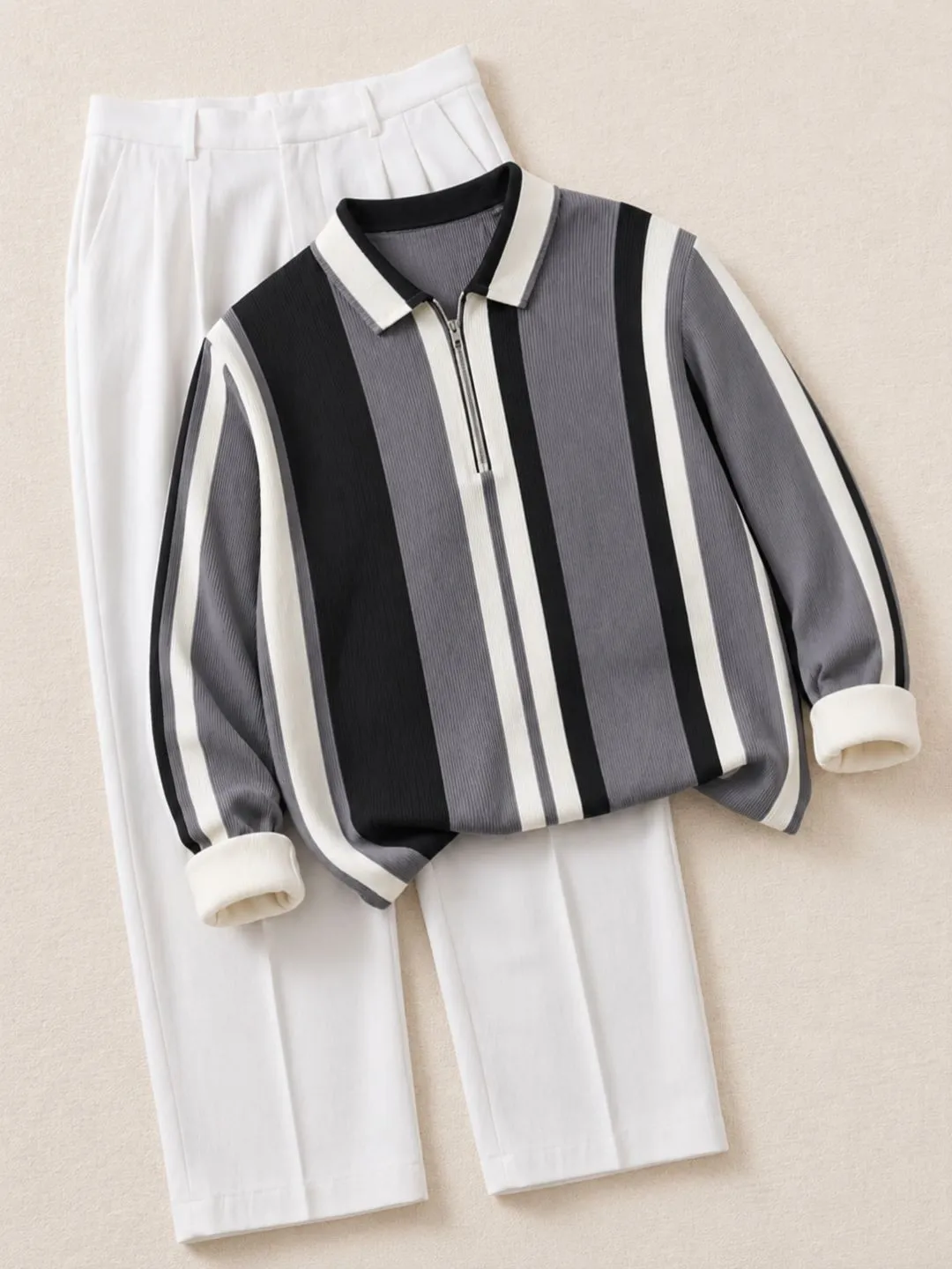 Sophisticated Emerald and Black Striped Zip-Neck Co-Ord Set - Image 4