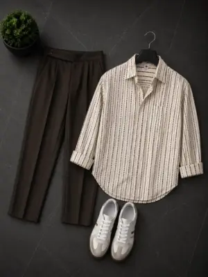 Modern Vintage Cream Striped Shirt & Dark Brown Pleated Trousers Combo