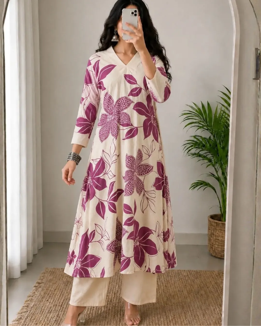 Classic Off-White Botanical Block Print Kurti Set - Image 5