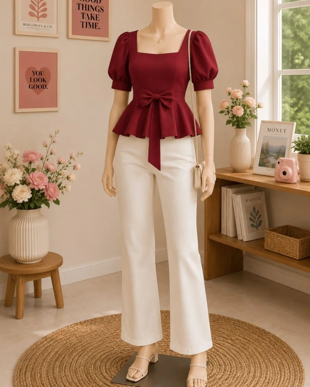 Chic Plum Peplum Top & White Denim Flare Set - Image 3