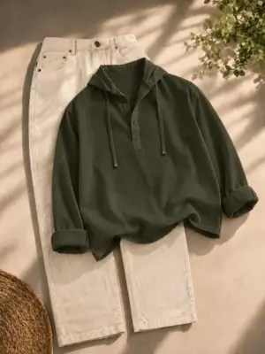 Earthy Olive Hooded Henley & Beige Denim Trousers Outfit