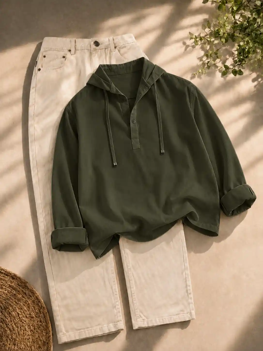 Earthy Olive Hooded Henley & Beige Denim Trousers Outfit