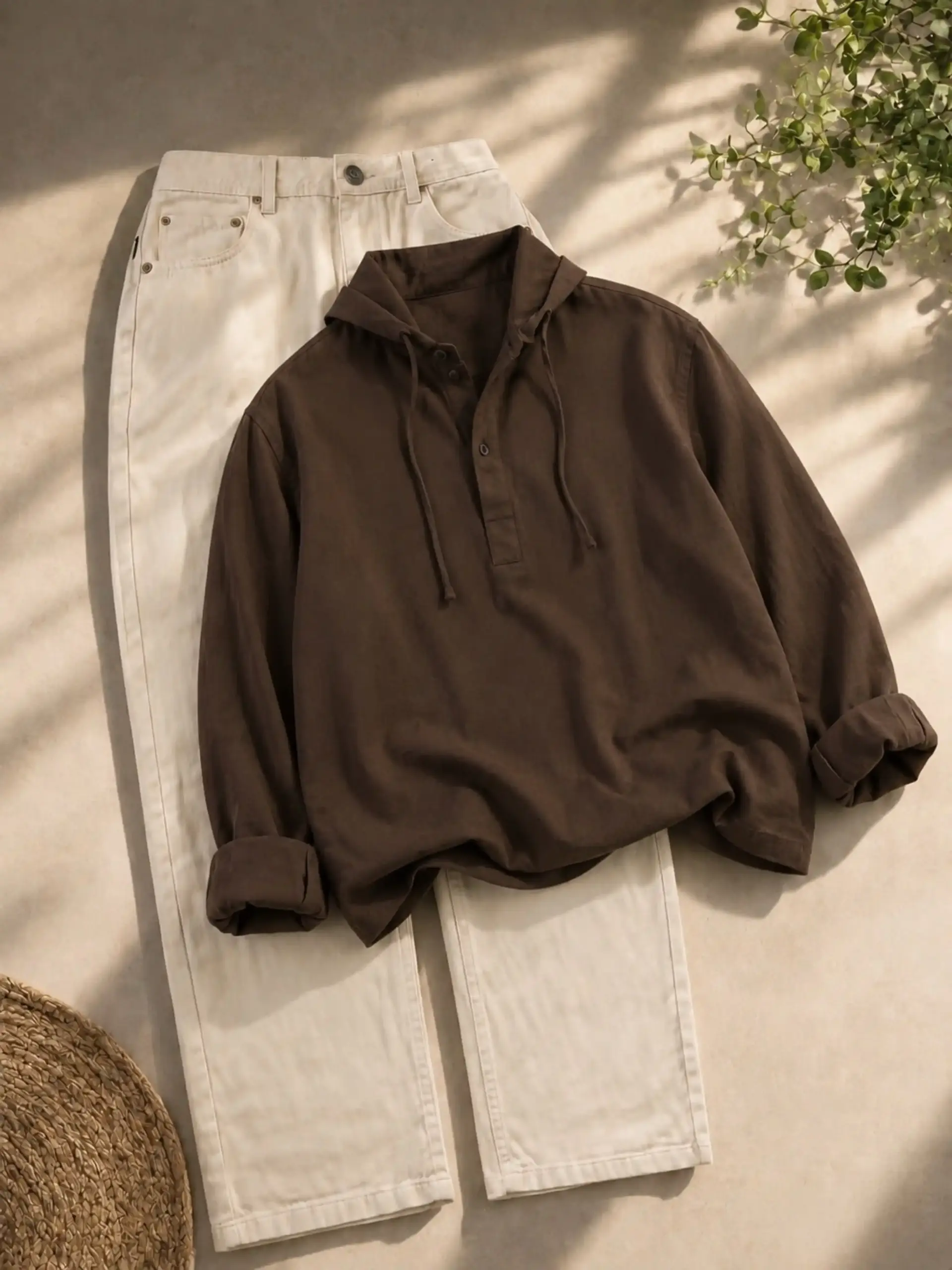 Earthy Olive Hooded Henley & Beige Denim Trousers Outfit - Image 2