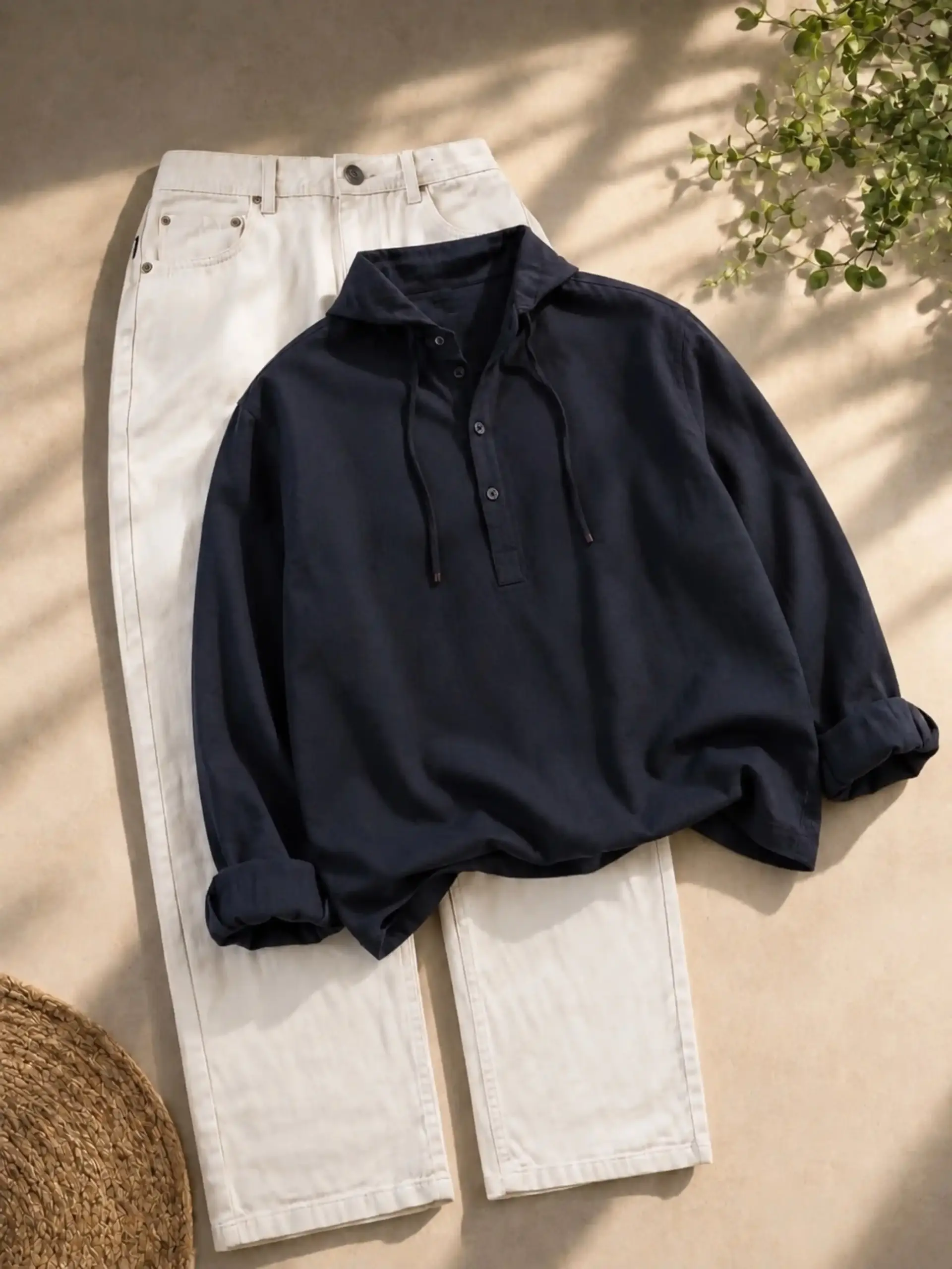 Earthy Olive Hooded Henley & Beige Denim Trousers Outfit - Image 3
