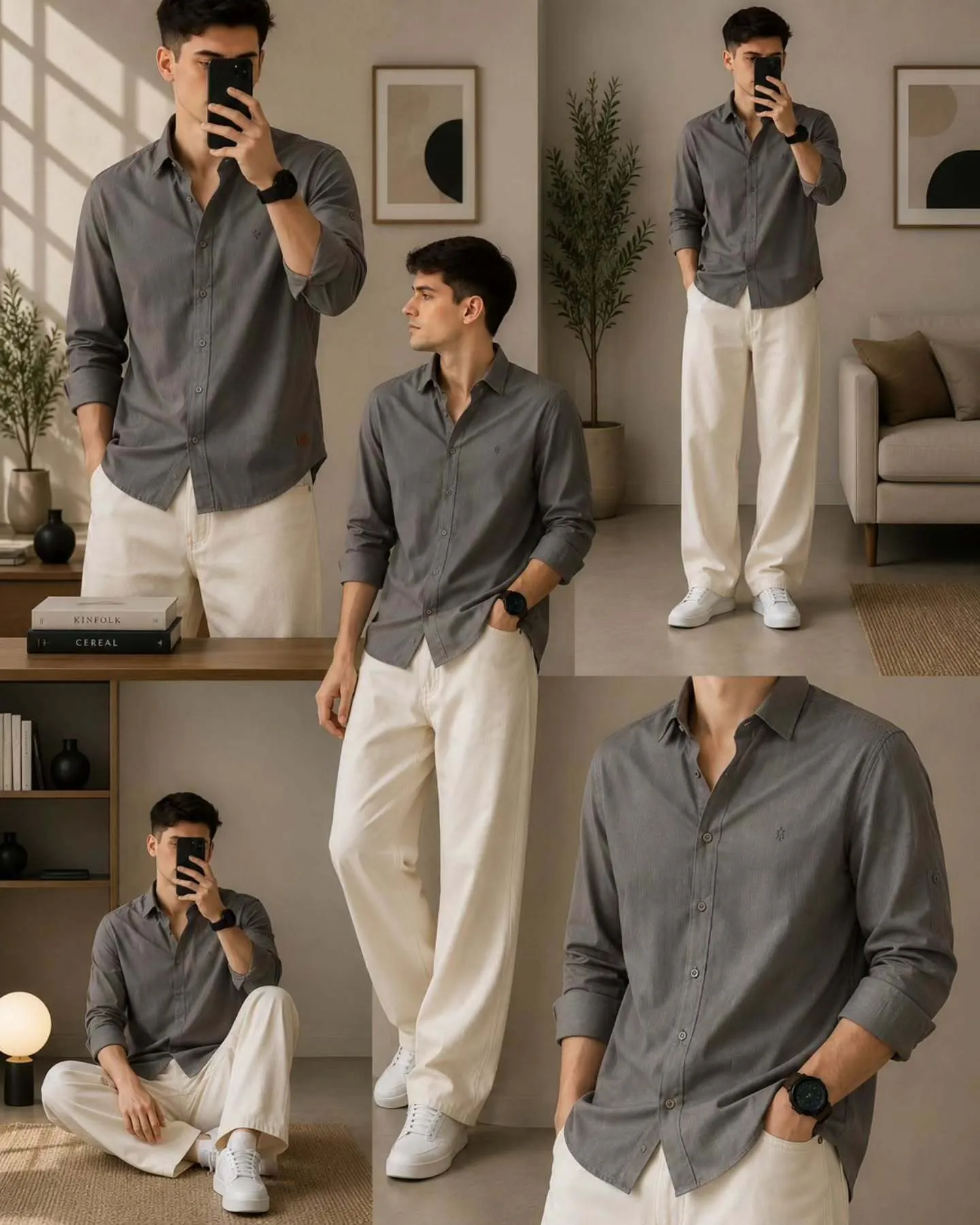 Rich Chocolate Brown Textured Shirt & Cream Trousers Combo - Image 3